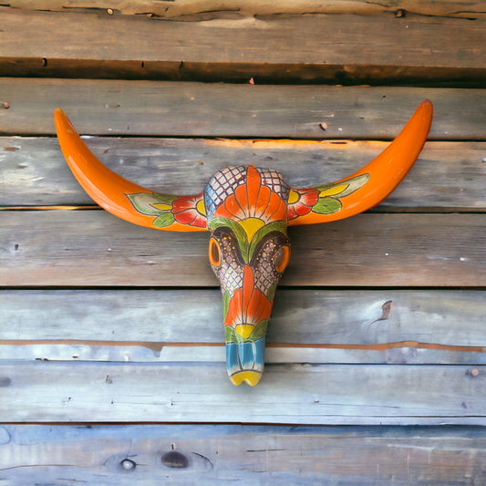 Handmade Talavera Texas Longhorn Bull Skull | Vibrant Mexican Wall Art (22"x17")