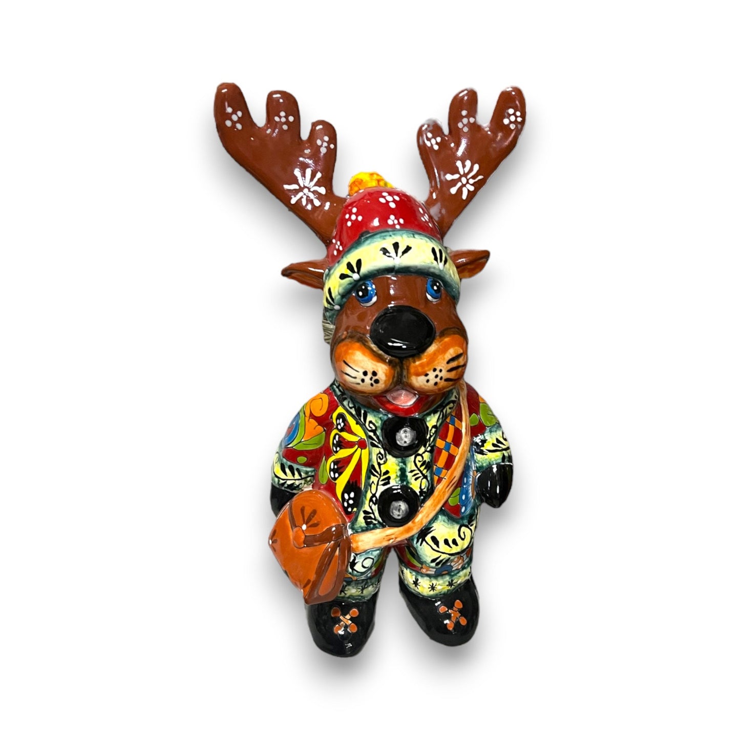 Festive Hand-Painted Talavera Reindeer Statue | Medium-Sized Christmas Decor