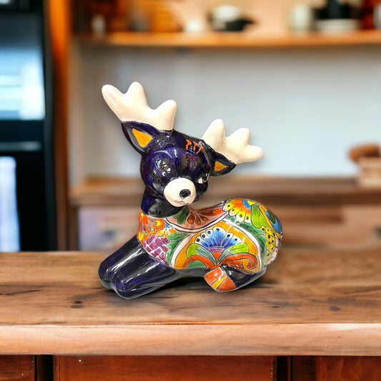 Small Hand-Painted Talavera Reindeer Statue | Festive Christmas Decor