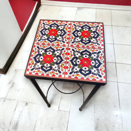 Handmade Mexican Accent End Table | Colorful Talavera Tile and Metal Design 12" Wide