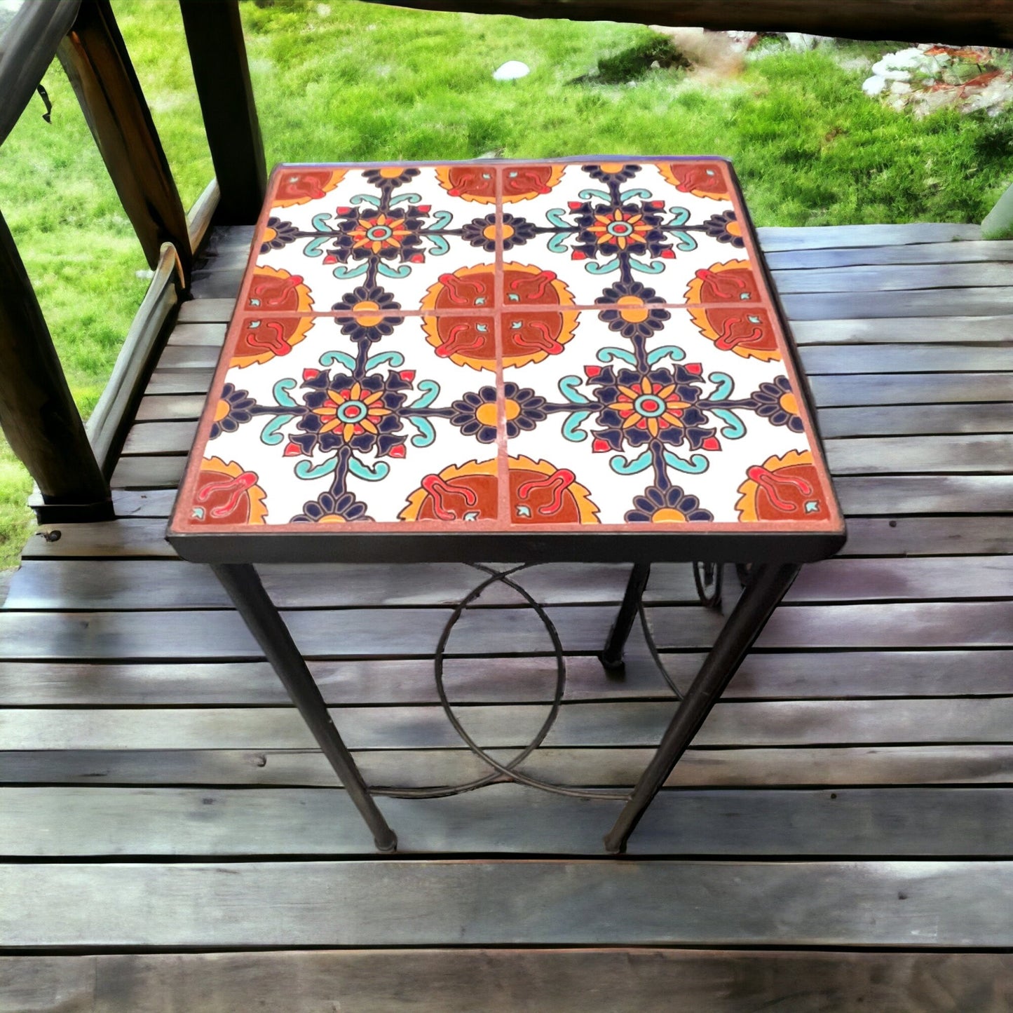 Handmade Mexican Accent End Table | Colorful Talavera Tile and Metal Design 12" Wide