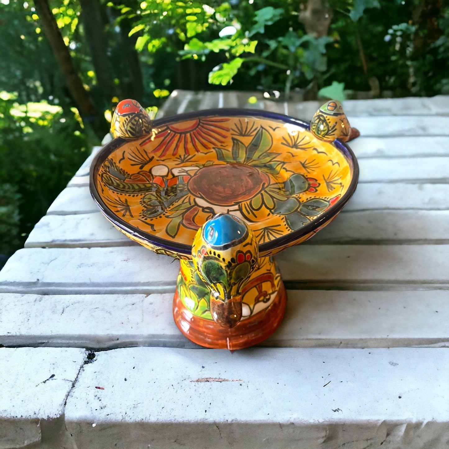 Colorful Handmade Talavera Bird Bath | Charming Small Bird Bath (18" Tall)