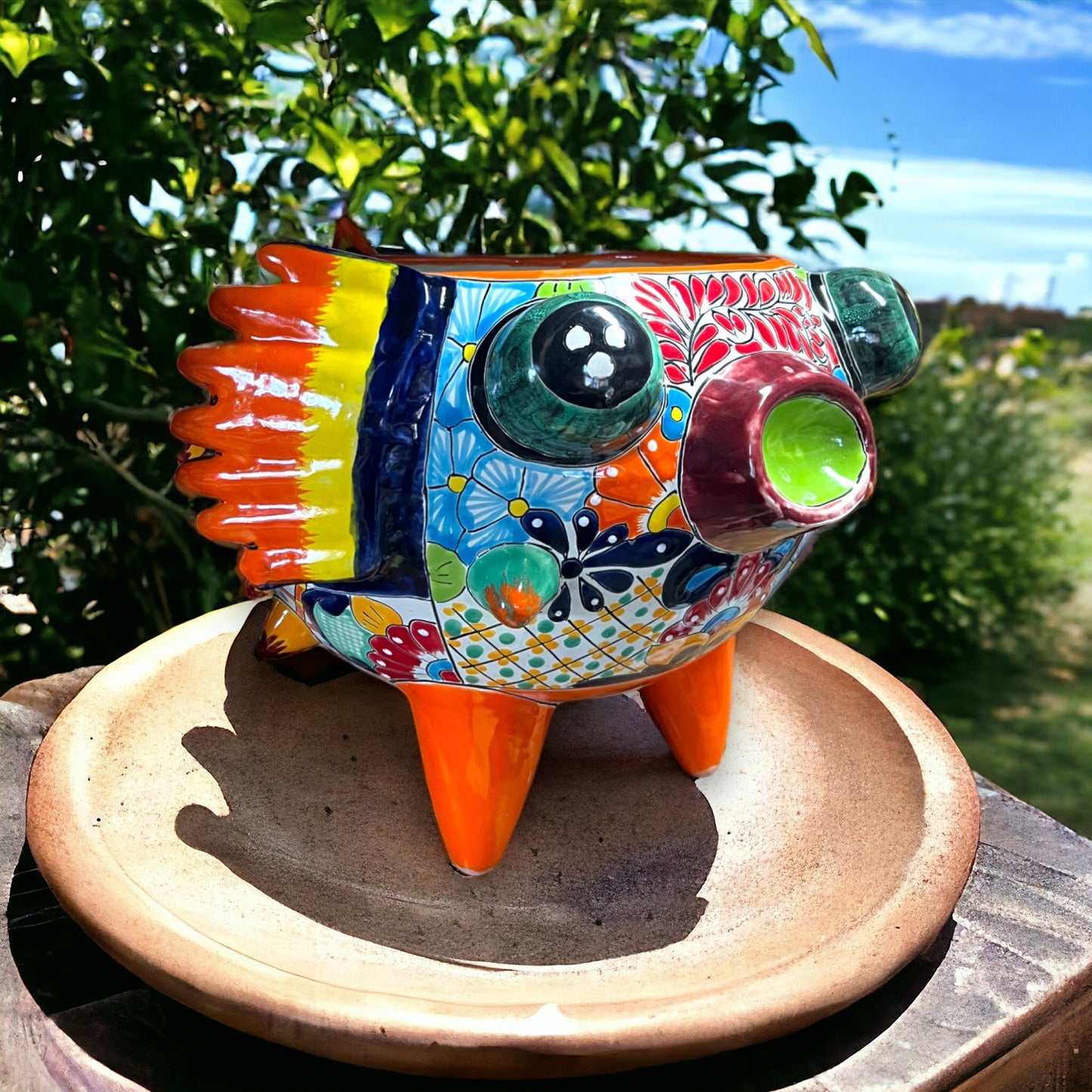 Colorful Talavera Ceramic Puffer Fish Planter | Hand-Painted Mexican Pottery Plant Pot