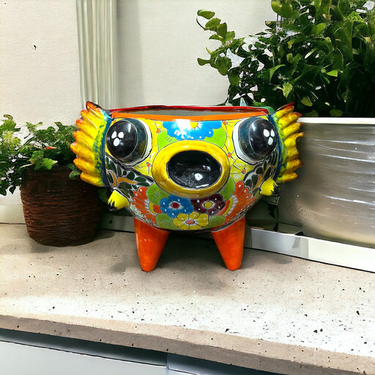 Colorful Talavera Ceramic Puffer Fish Planter | Hand-Painted Mexican Pottery Plant Pot