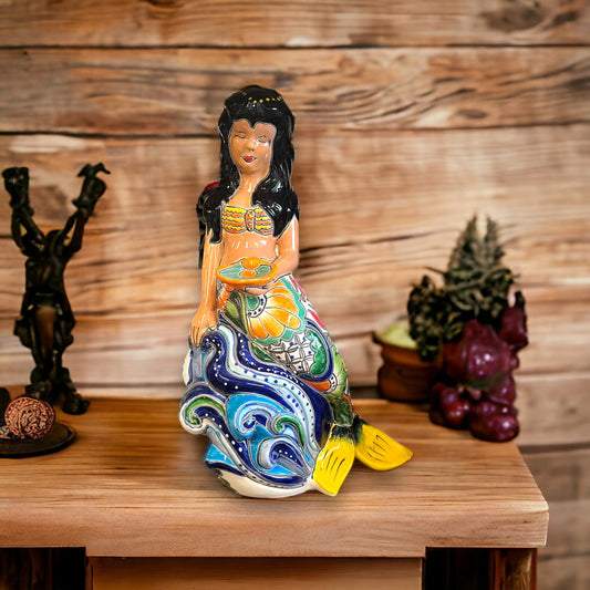 Mexican Talavera Mermaid Statue | Handcrafted Medium Talavera Art