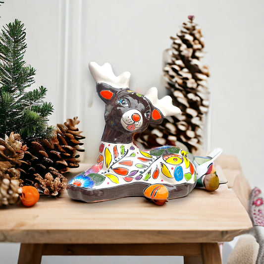 Small Hand-Painted Talavera Reindeer Statue | Festive Christmas Decor