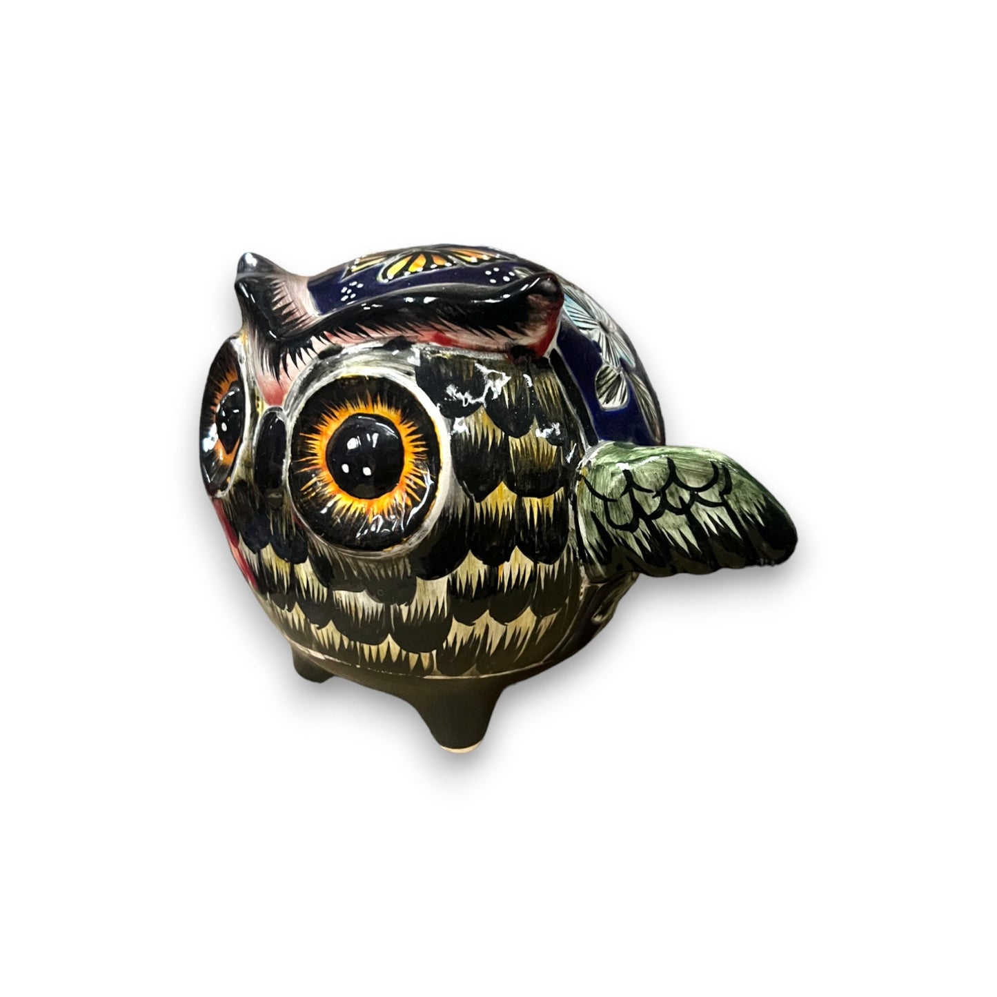 Colorful Hand-Painted Talavera Owl Statue | Artisanal Small Owl Sculpture