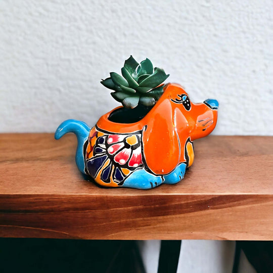 Vibrant Hand-Painted Talavera Dog Planter | Small Mexican Animal Pottery - colorful hand-painted dog succulent planter