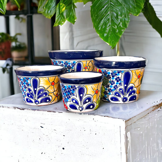 Set of 4 Dark Blue Talavera Flower Pots | Colorful Hand-Painted Mexican Planters