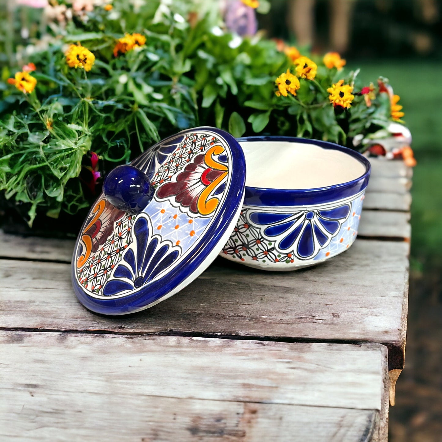 Talavera Tortilla Warmer | Hand-Painted Mexican Pottery in Dark Blue