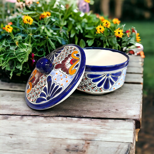 Hand-painted Talavera Tortilla Warmer | Vibrant Mexican Pottery from Puebla in Dark Blue