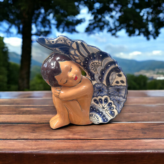 Handcrafted Talavera Angel Statue | Sleeping Baby Cupid Sculpture