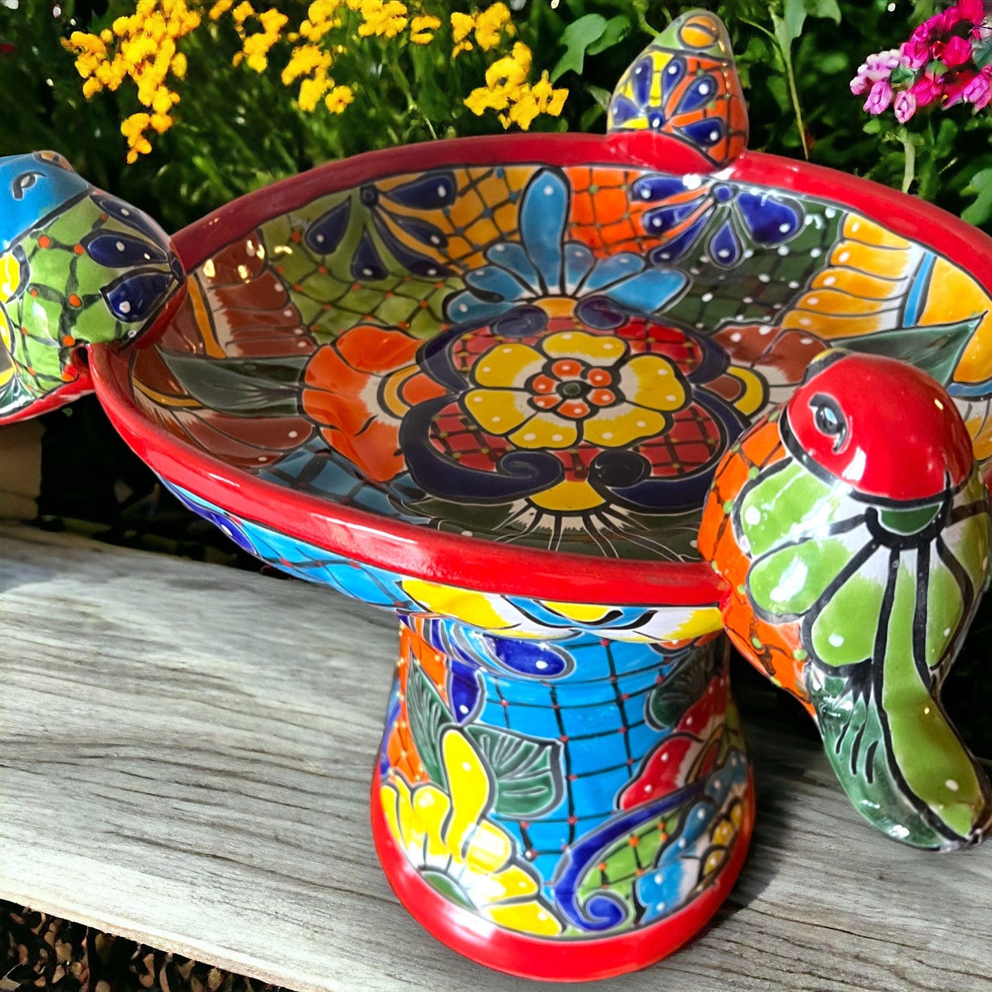 Colorful Handmade Talavera Bird Bath | Charming Small Bird Bath (18" Tall)