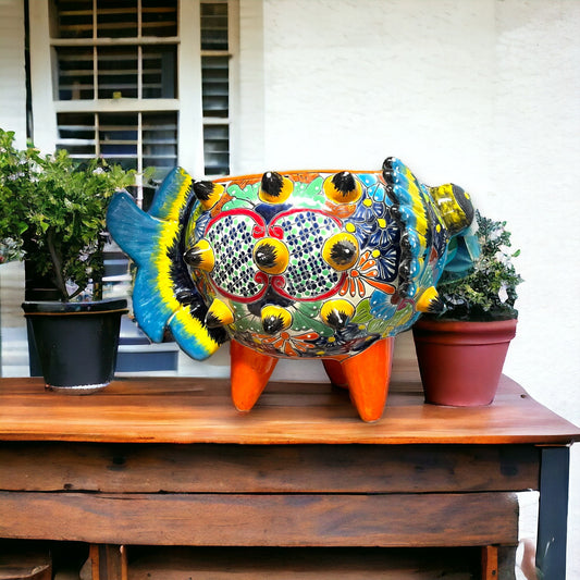 Colorful Talavera Ceramic Puffer Fish Planter | Hand-Painted Mexican Pottery Plant Pot