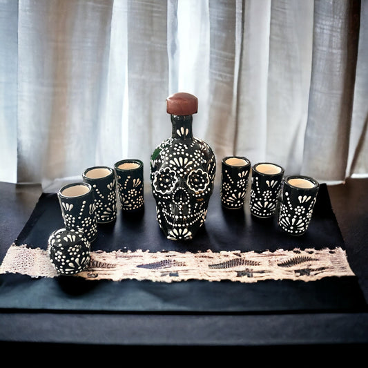 Handmade Shot Glass & Skull Decanter | Black with White Accents