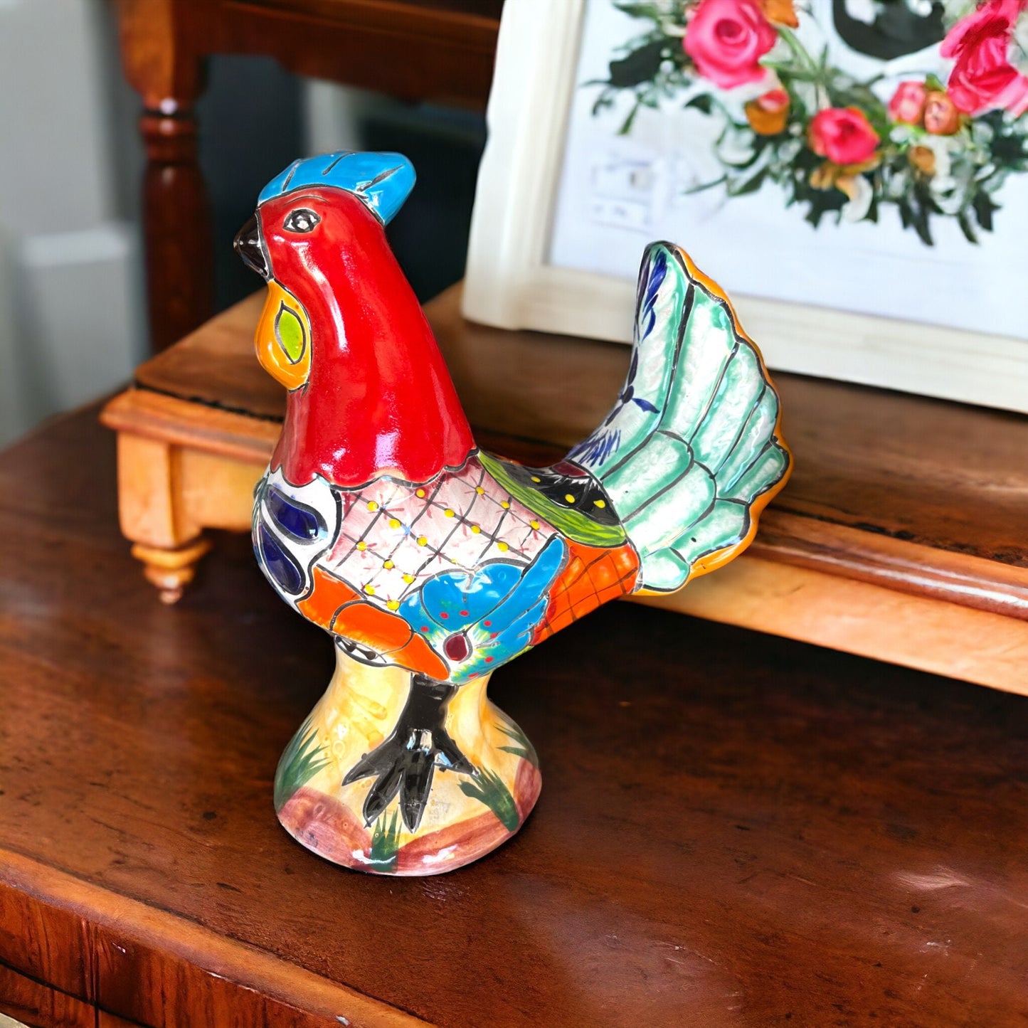 Colorful Handcrafted Talavera Rooster Statue | Mexican Folk Art Chicken Decor