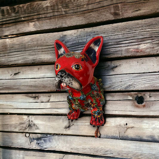 Colorful Talavera French Bulldog Statue | Handcrafted Wall Art (Medium)