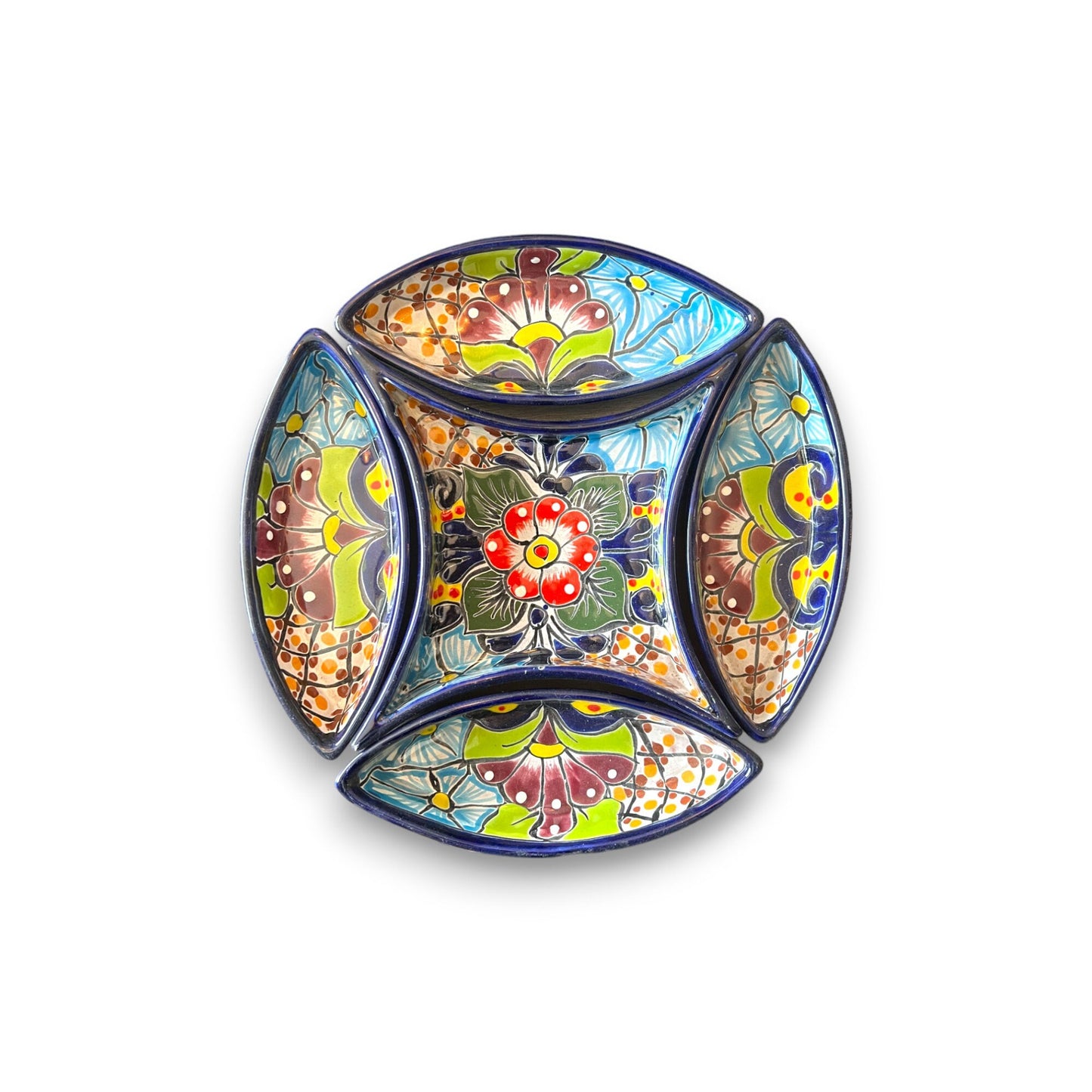 Talavera Hand-Painted Sectional Appetizer Tray Set | Mexican Ceramic Plate with 5 Matching Pieces