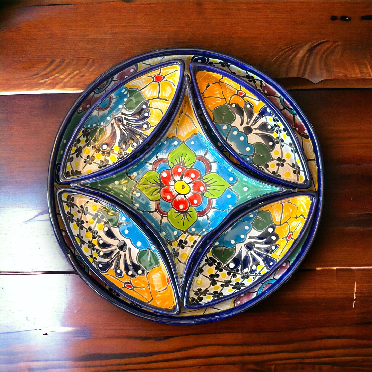 Talavera Hand-Painted Sectional Appetizer Tray Set | Mexican Ceramic Plate with 5 Matching Pieces