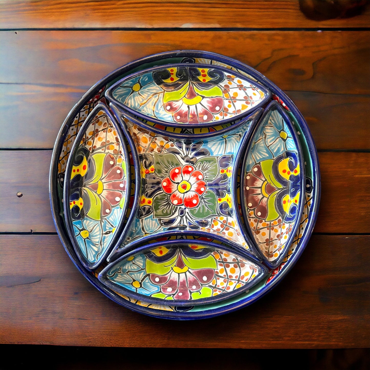 Talavera Hand-Painted Sectional Appetizer Tray Set | Mexican Ceramic Plate with 5 Matching Pieces