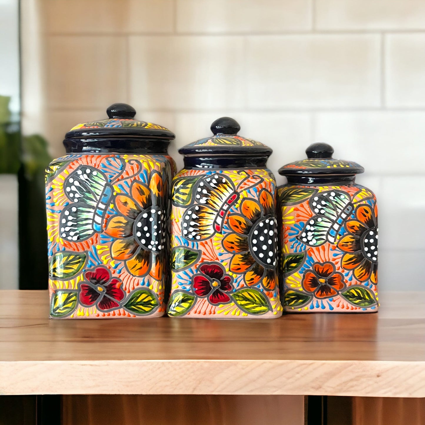 Hand-Painted Mexican Talavera Canister Set | Colorful Terracotta Pottery Trio