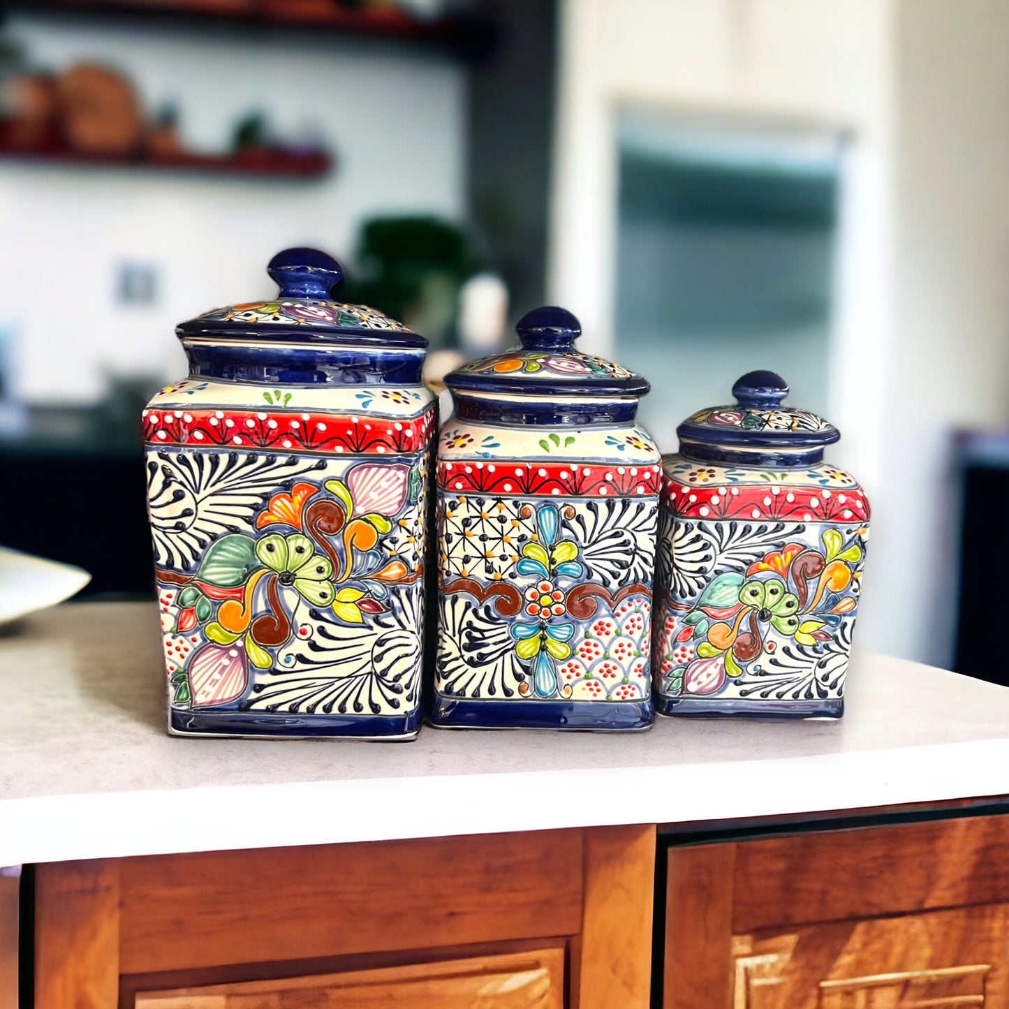 Set of 3 Dark Blue Talavera Canisters | Handcrafted Mexican Pottery from Puebla