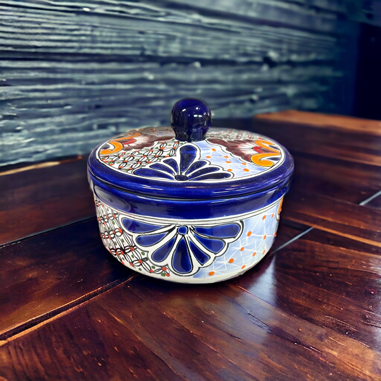 Talavera Tortilla Warmer | Hand-Painted Mexican Pottery in Dark Blue