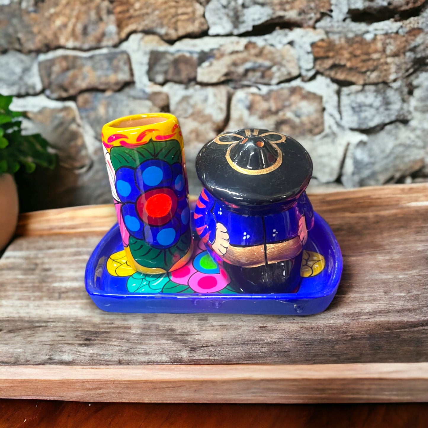 Talavera Tequila Shot Set | Panchito Salt Shaker, Plate & Shot Glass