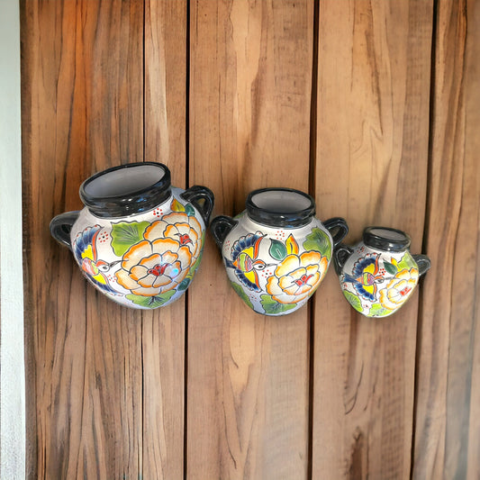 Set of 3 Colorful Talavera Hand-Painted Hanging Planters | Mexican Wall Art