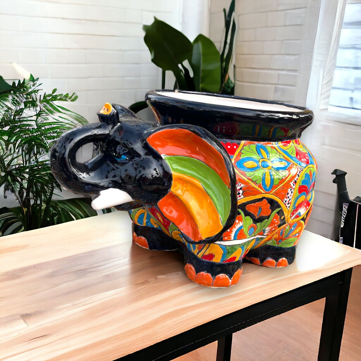 Vibrant Talavera Elephant Planter | Mexican Pottery Artisan Crafted (12" Opening)