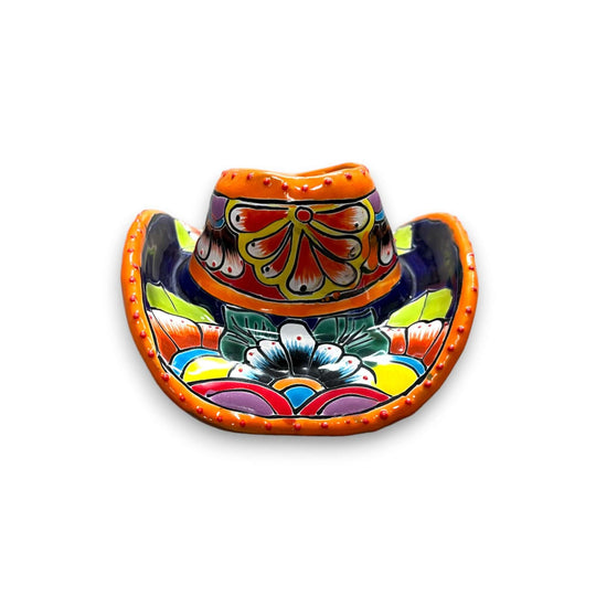Colorful Mexican Talavera Sombrero Planter | Small Hand-Painted Cowboy Hat Décor - hand-painted Talavera ceramic sombrero planter with floral design
