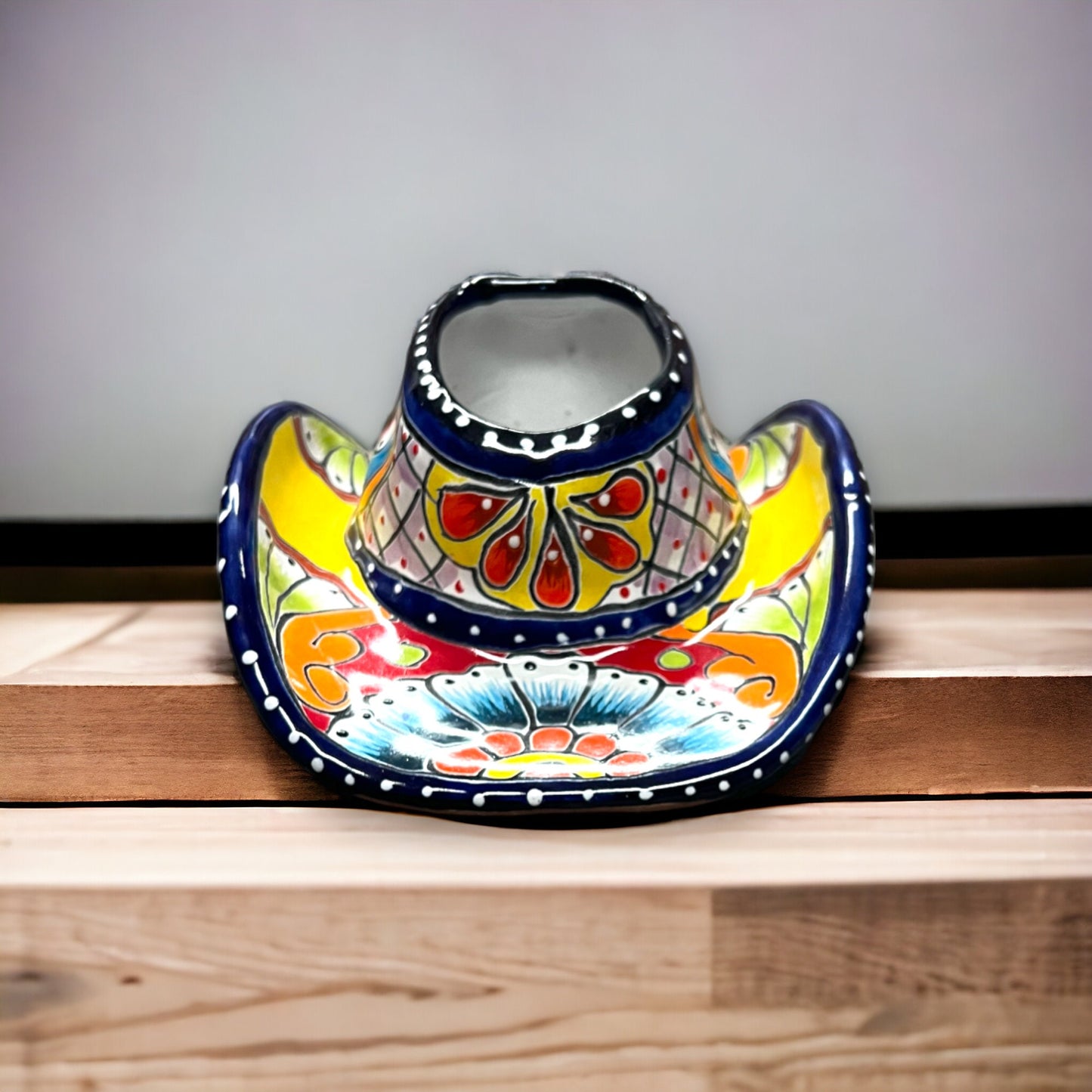 Colorful Mexican Talavera Sombrero Planter | Small Hand-Painted Cowboy Hat Décor