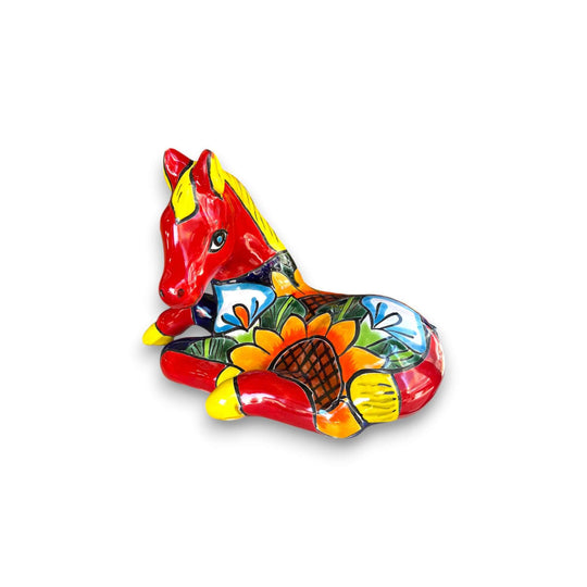 Colorful Hand-Painted Talavera Small Horse Statue Planter showing vibrant hand-painted floral motifs, kiln-fired lead-free glaze, artisanal Mexican craftsmanship