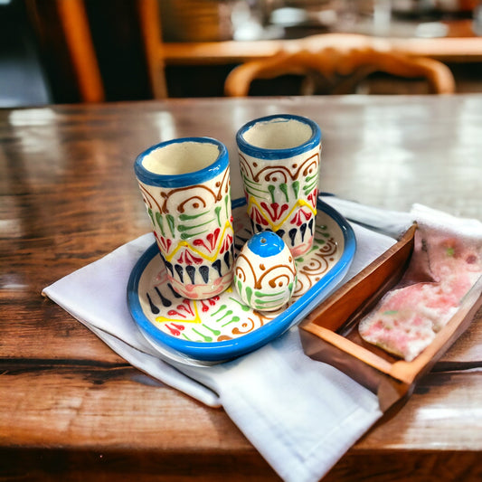 Authentic Mexican Talavera Tequila Shot Glasses Set | Handcrafted Set of 2 Shots and Salt Shaker