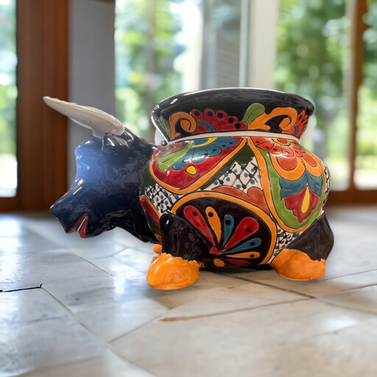 Colorful Talavera Bull Planter | Handcrafted Mexican Pottery (12" Wide)