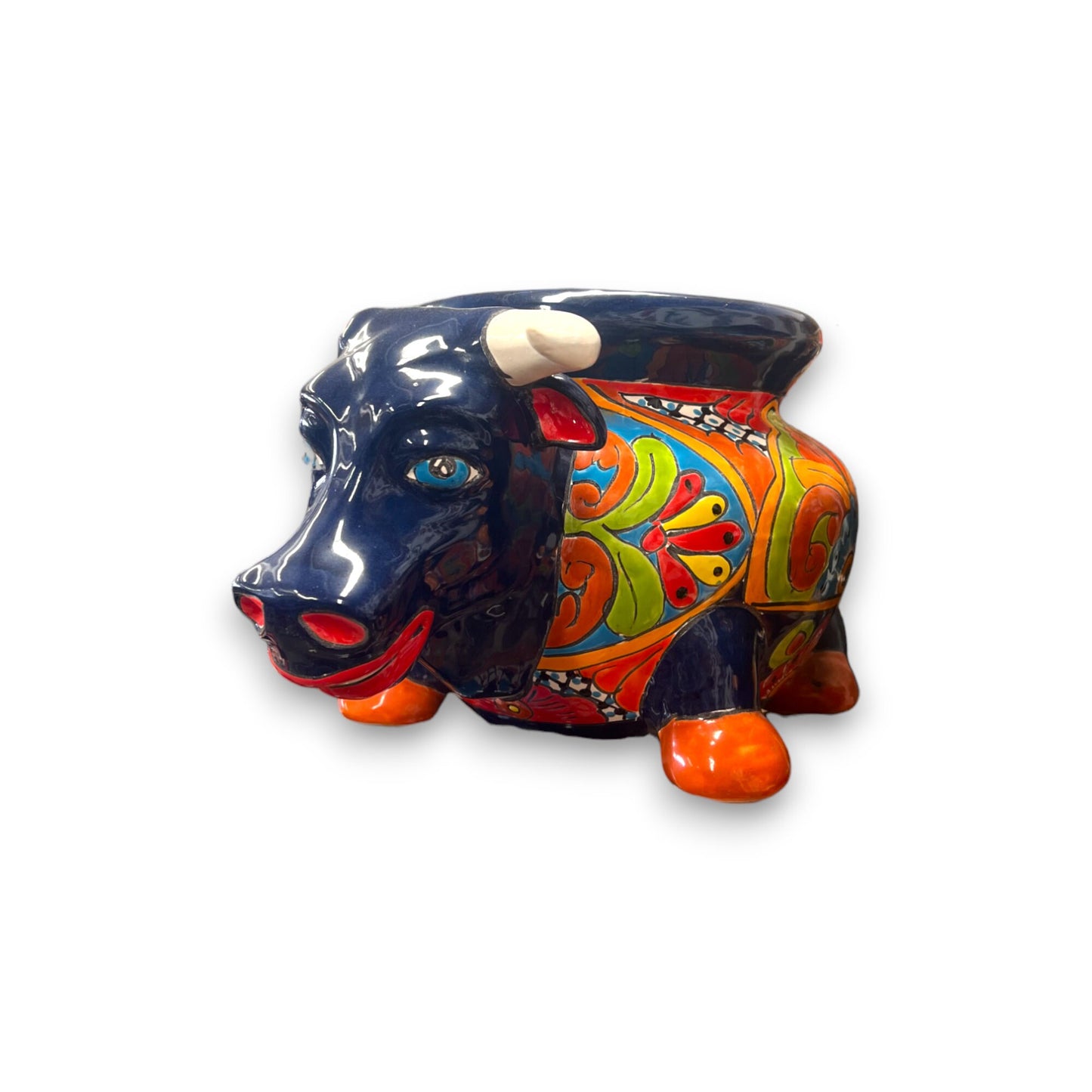 Colorful Talavera Bull Planter | Handcrafted Mexican Pottery (12" Wide)