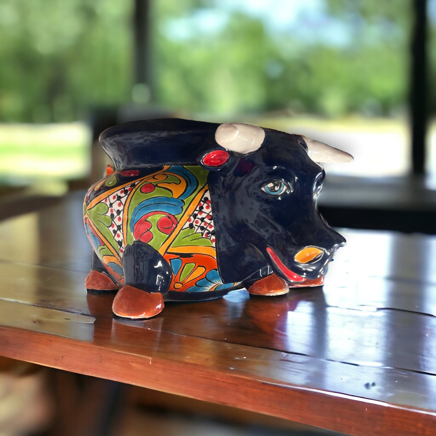 Colorful Talavera Bull Planter | Handcrafted Mexican Pottery (12" Wide)