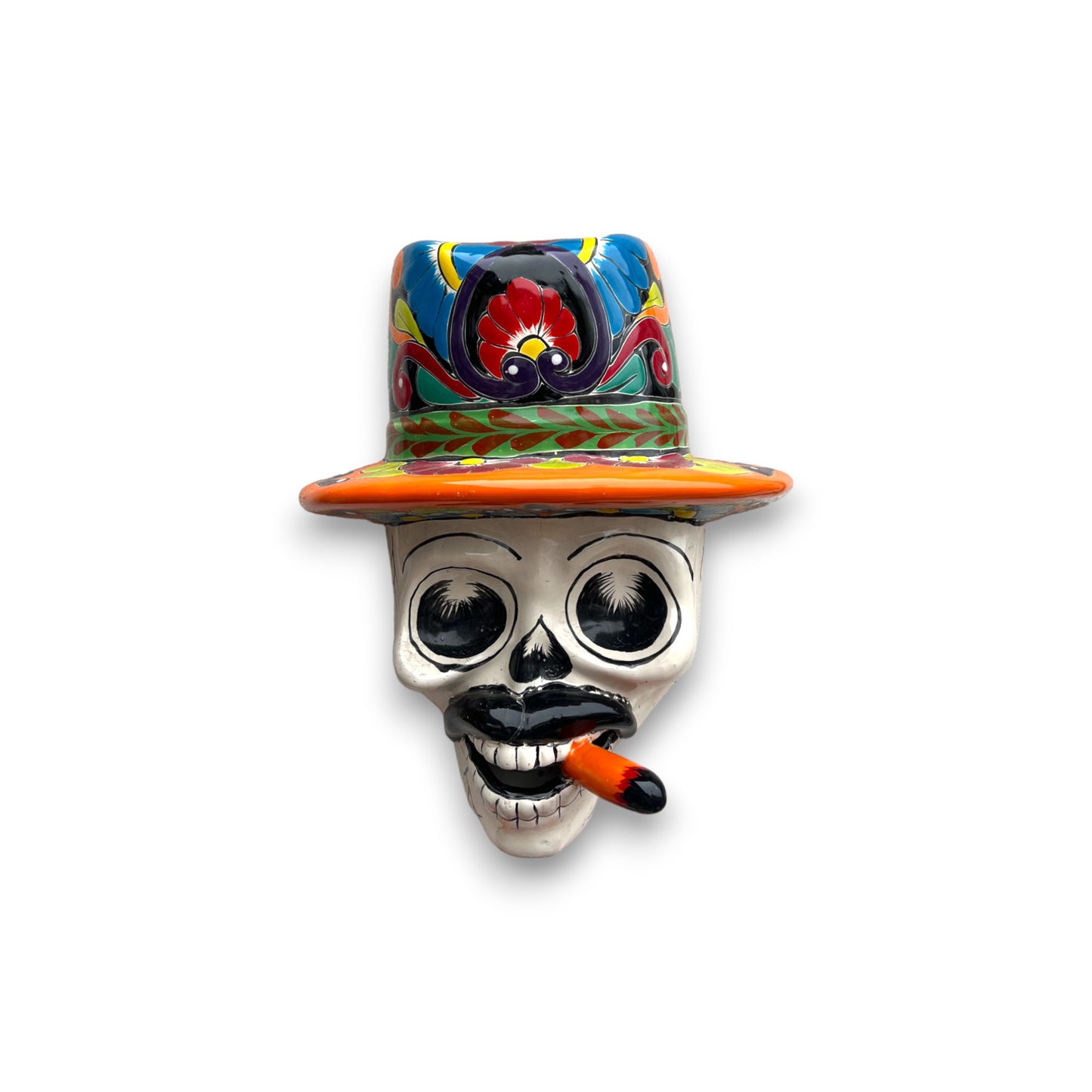 Handmade Talavera Smoking Man Skull | Colorful Mexican Wall Art (Medium)