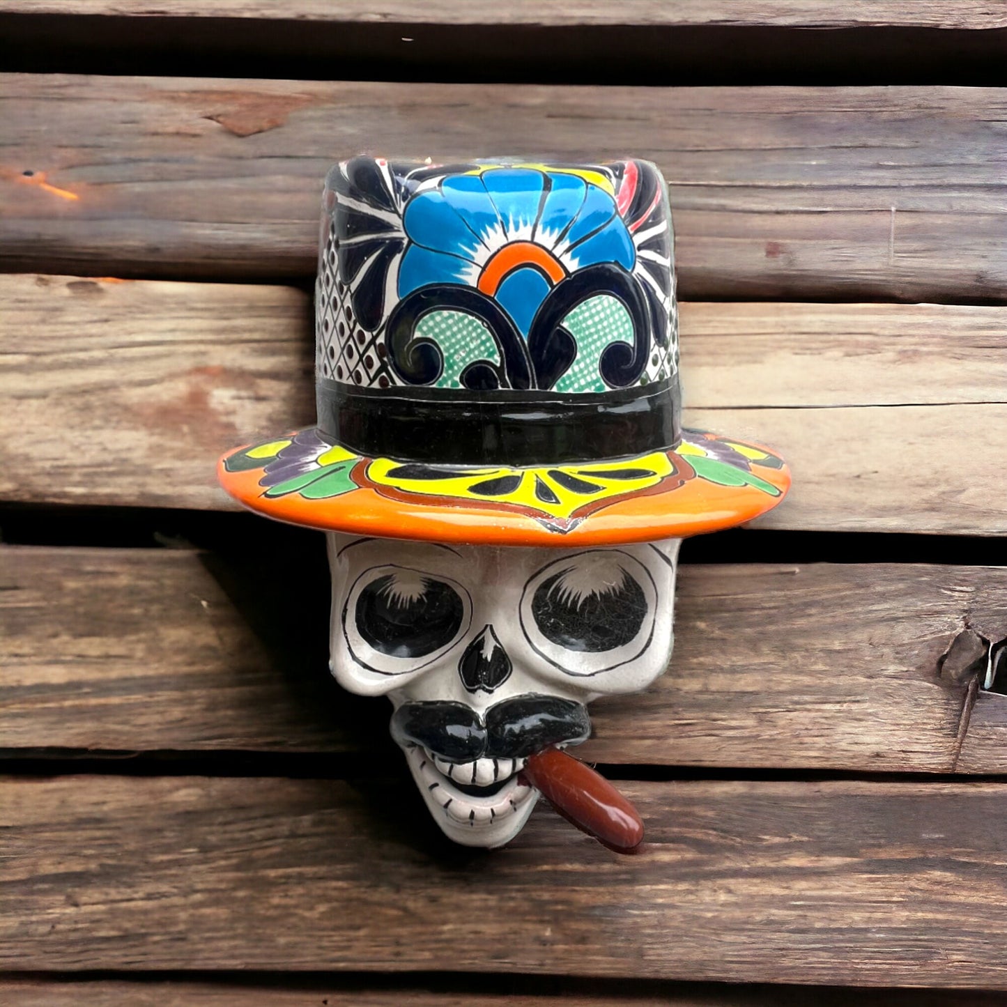 Handmade Talavera Smoking Man Skull | Colorful Mexican Wall Art (Medium)