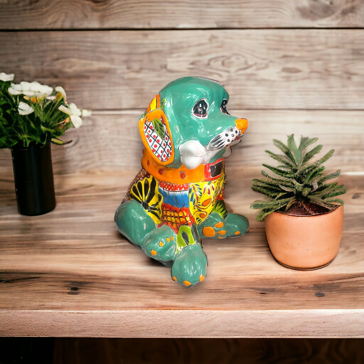 Vibrant Talavera Dog Statue | Colorful Handcrafted Dog Art (Medium)