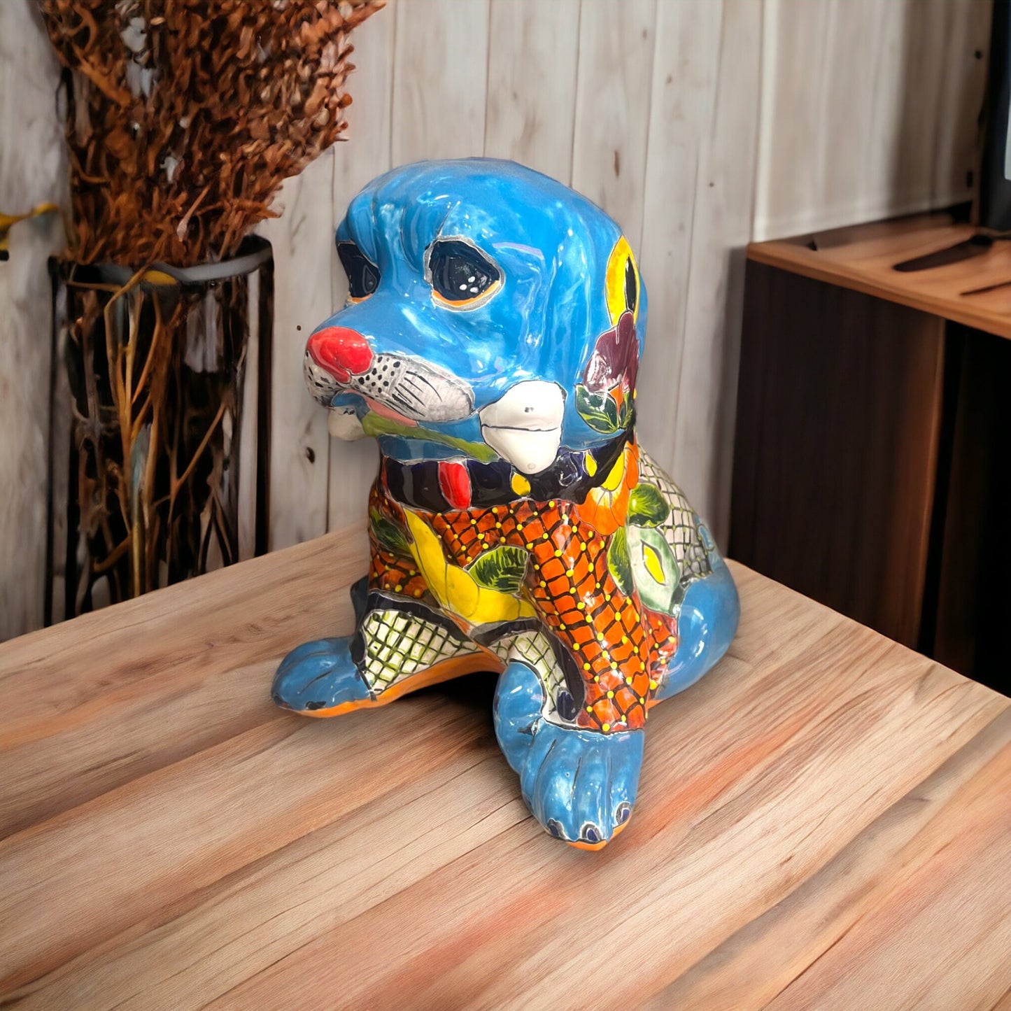 Vibrant Talavera Dog Statue | Colorful Handcrafted Dog Art (Medium)