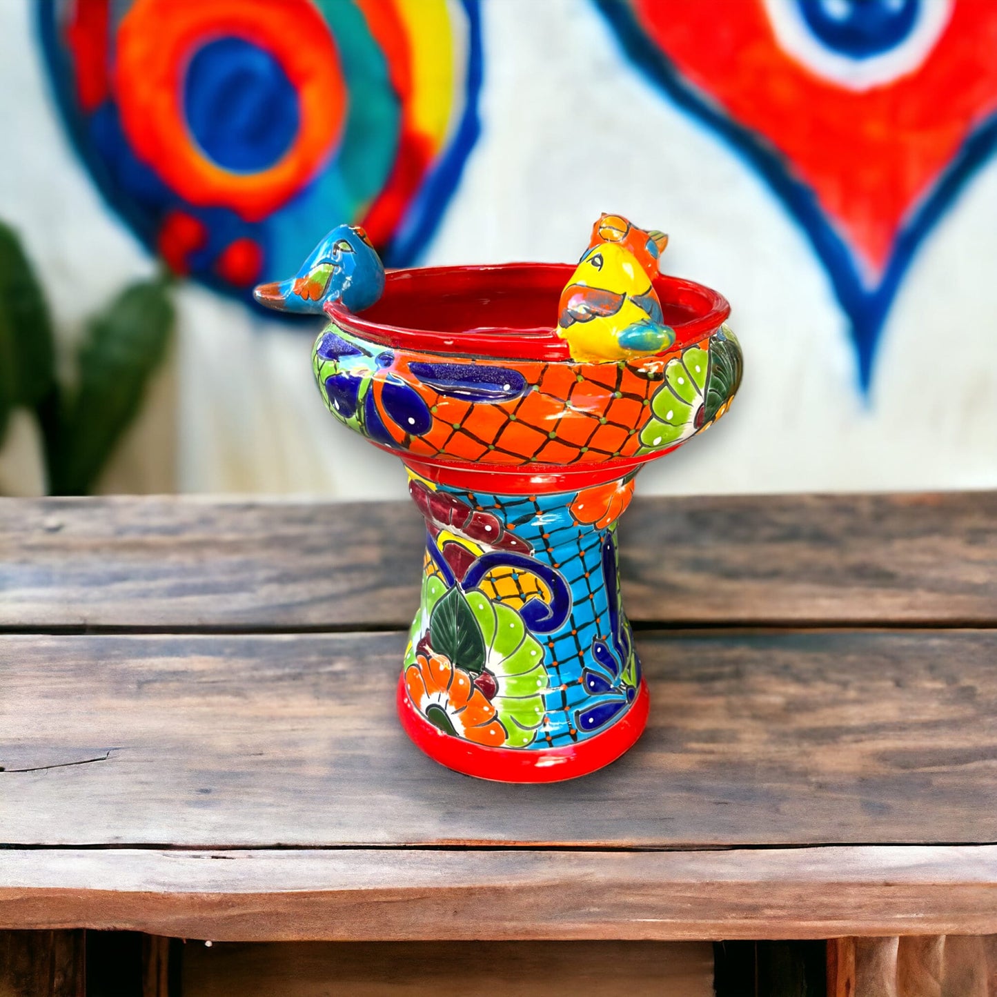 Colorful Handmade Talavera Bird Bath | Charming Small Bird Bath (18" Tall)