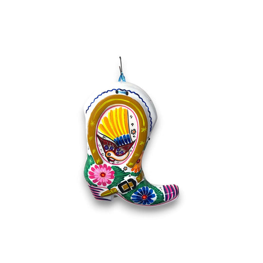 Guerrero Cowboy Boot Wall Art | Mexican Hand-Painted Pottery Decor white hand-painted Talavera boot with pink, green floral and bird motif