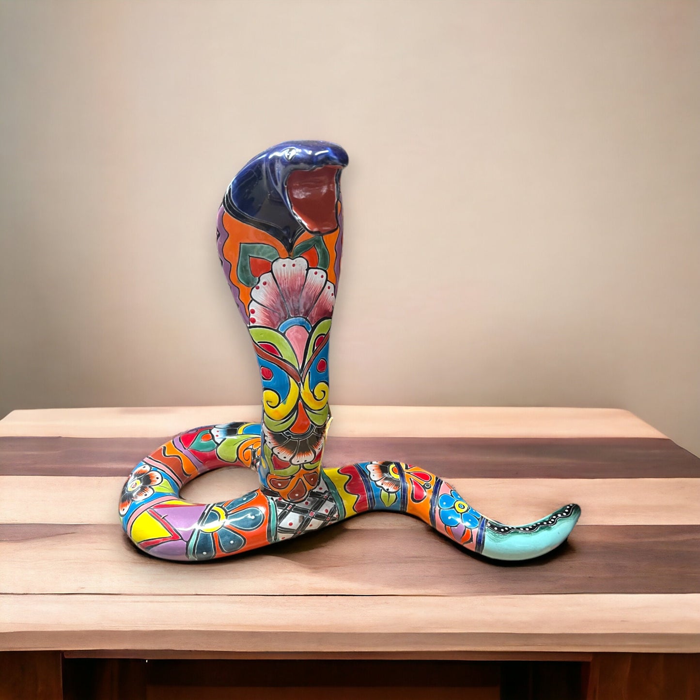 Handmade Snake Statue | Vibrant Hand-Painted Talavera Artwork (Large Size)