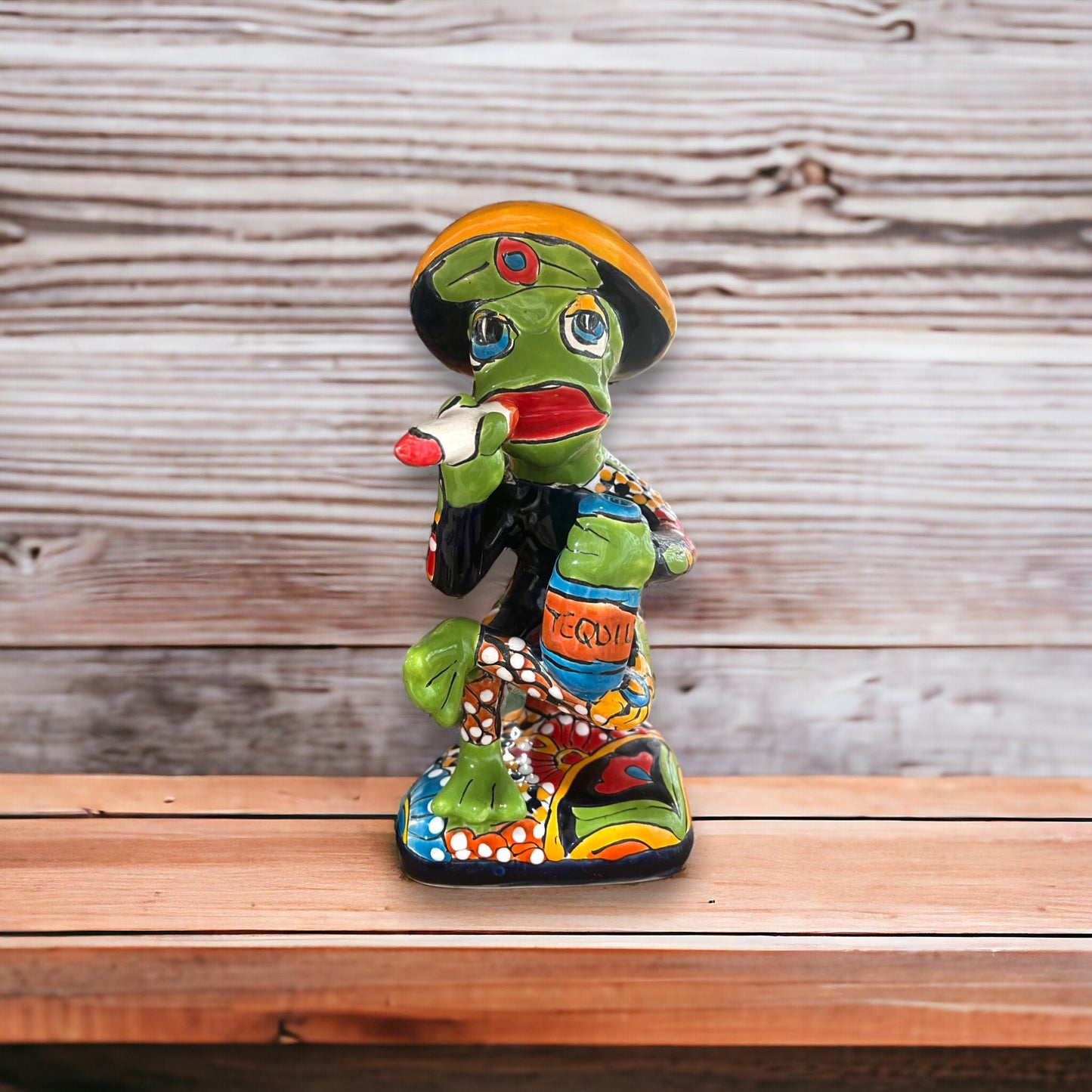 Colorful Talavera Frog Statue | Handcrafted Artisan Smoking Frog Sculpture (Medium)