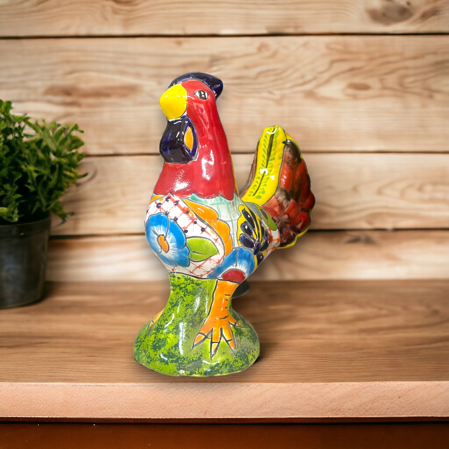 Colorful Handcrafted Talavera Rooster Statue | Mexican Folk Art Chicken Decor