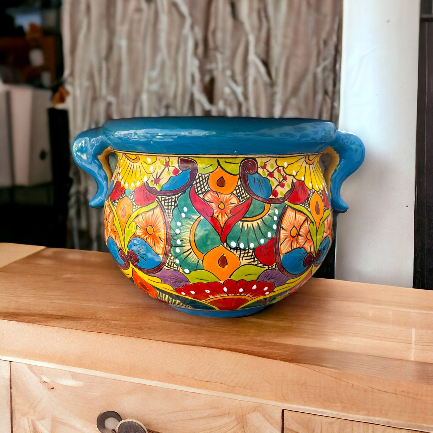 Mexican Talavera Handcrafted Flower Pot | Colorful Floral Design (Large)