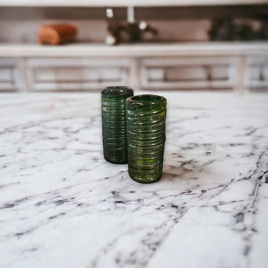 Authentic Mexican Artisan Double Shot Glass | Handcrafted Green Swirl Design