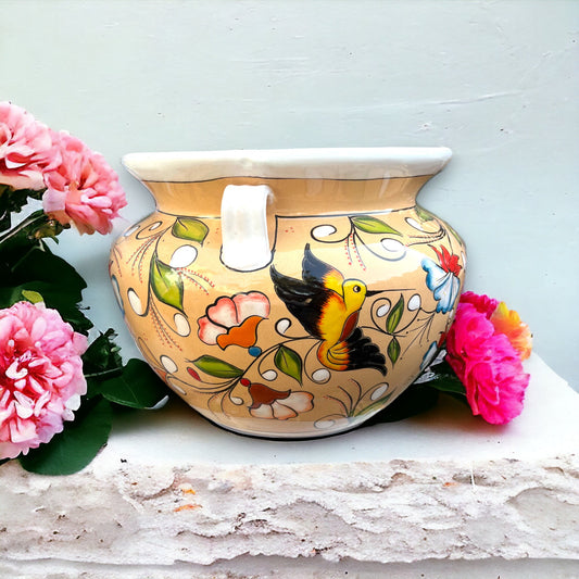 XL Talavera Flower Pot | White & Tan Floral Design