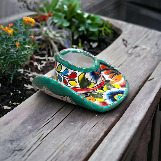 Colorful Mexican Talavera Sombrero Planter | Small Hand-Painted Cowboy Hat Décor